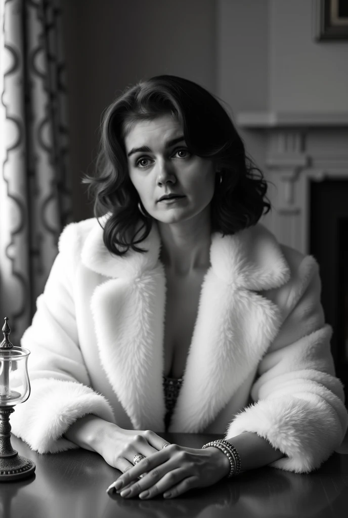 Horror-themed, <lora:Fright Night 1985 Film Style:1>
Cinematic Wide Shot Film Footage captured by Panavision Cameras and Lenses Amy Peterson a short hair woman in a nude white scarf dress, staring down at something, laying on a fur bed floor in a room with fireplace in background, with perfect light on, Fright Night 1985 Film Style, Eerie, unsettling, dark, spooky, suspenseful, grim, highly detailed
