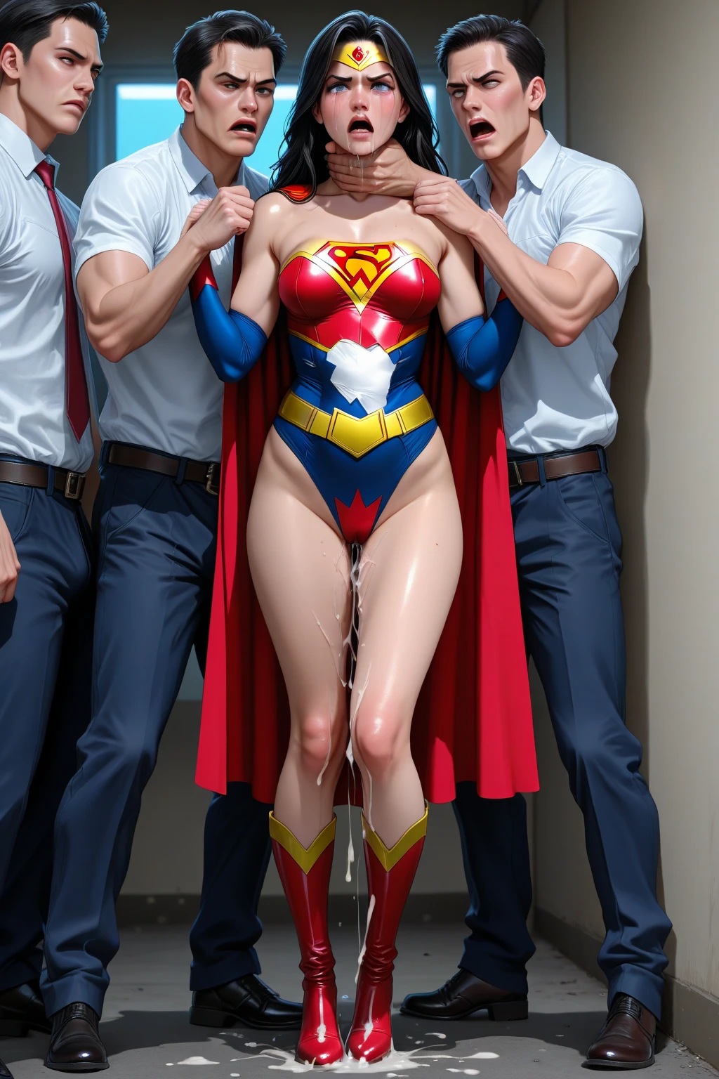 (((Poison Ivy))), (((Superman completely nude))), High quality, best quality, masterpiece, (((1boy, 1girl))), (((hetero:1.5))), mature woman, curves, (((long wavy redhead hair))), green eyes. cleavage. (((woman completely nude))), nsfw, (((couple focus))), (((lots of cum, ejaculating huge load))), (((ahegao, screaming orgasm face))), (((rape, rough sex, groping, breast grab, bent over and fucked from behind with huge footlong cock, extremely large muscular man, huge thick penis, stomach_bulge, cum in pussy, cum overflowing from pussy, large breasts)))
