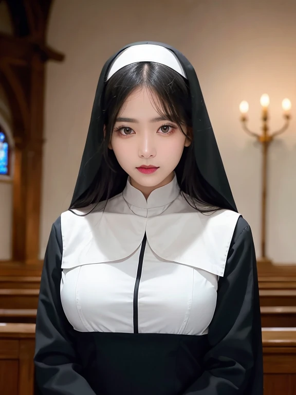 (highest quality、4k、8k、High resolution、Masterpiece: 1.2)、Super detailed、(Real、Photorealistic、Photorealistic: 1.37)、Beautiful nun、Very beautiful woman、Big Breasts、Skinhead:1.7、(Put on a nun&#39;s scarf:1.5)、 (Wearing the finest lingerie:1.5)、(Assault rifle(XM5)Keep the focus on the audience:1.67)、Cowboy Shot、Dynamic pose、Standing at the altar of the chapel、Stained glass、Hymns、Solemn atmosphere