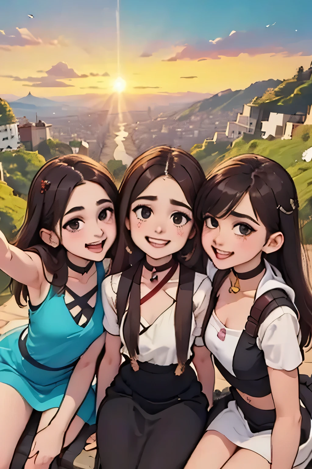 A group of young people at the top of a panoramic tower look out over the city that stretches to the horizon. It is sunset: the sky is an explosion of warm colors—shades of red, orange, and purple. The scene is shot with a wide-angle shot from above, so that we can clearly see their faces, shoulders, and thoughtful expressions, but also the immensity of the city below. The buildings reflect the golden light of the setting sun and the first city lights are starting to come on. The young people are wearing casual clothes, some with hoods, others with backpacks or headphones around their necks. One of them takes a photo with his phone, another sits on the edge with his legs dangling. The atmosphere is suspended, intimate and reflective, as if they were savoring a moment of freedom and contemplation.