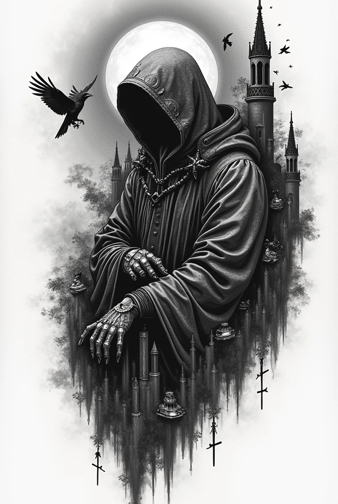 Drawing line art for a sticker: The King of Angmar from Lord of the Rings, Floating Reaper, skyscrapers, wear a Templar cross crown, dark taoist robes, white background, the faces