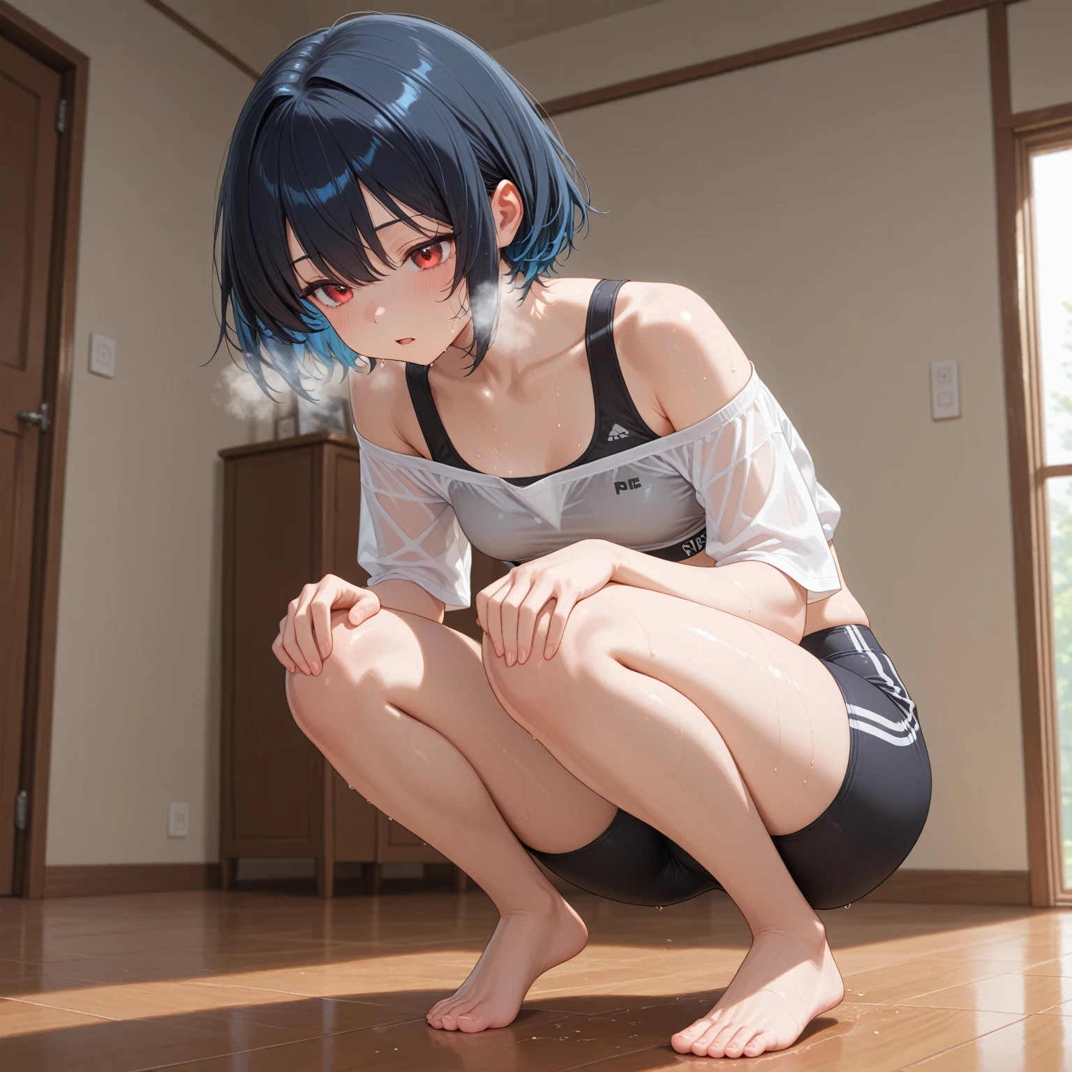 18 year old Japanese, high school student、Black very short hair、boyish、small size of breasts, Flat Chest、Sidelim body, Squat posture、Spread your legs, Spread your legs, Only one girl, One piece swimsuit、Navy blue school swimsuit、Front of body、looking at the camera、Scared、Shame play、Embarrassing、Are crying、Flowing Tears、Closed Mouth、barefoot、incontinence、Girl urinating outdoors、Seriously angry