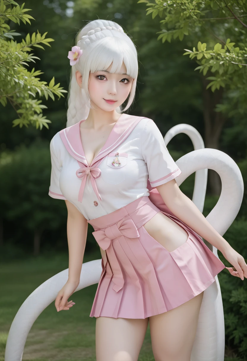 masutepiece,A hyper-realistic,32K,the Extremely Detailed CG Unity 8K Wallpapers, Best Quality,(Many beautiful Japan women),Aligned,(pink shorth hair),((White the Latex Sailor Uniform)),(((Latex Ribbon))),(((Sailor collar))),Female School Uniform,Long sleeve,Long length,Skin fit,Mouth open,A smile,a park,Katyusha,Long boots in black leather