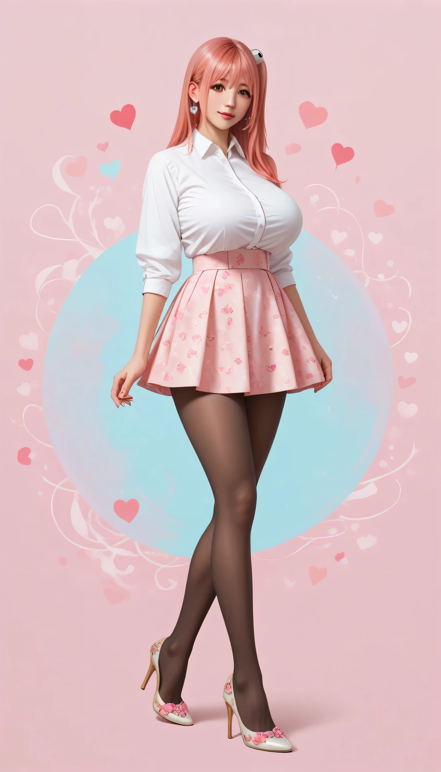 Japanese beautiful girl,   huge breasts, ，乳沟，低胸, ,earrings,, abstract background, colorful background，long legs, pantyhose, 
 playfully, , many little hearts, honoka, pink hair，  her massive breasts,  mini skirt, standing, high heels


