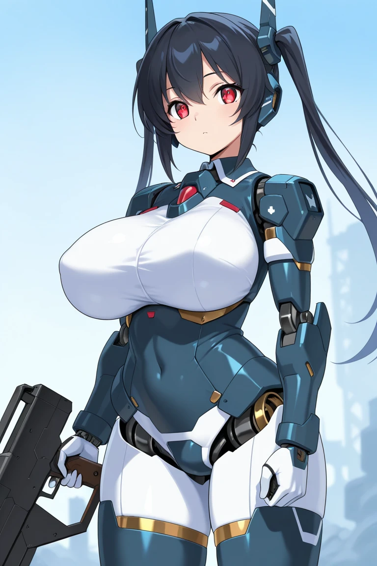 Dark gray translucent mecha,Full body mecha,Long black hair,Wavy hair style,Huge Breasts,cleavage,Pistol hanging from waist,fighter pilot,fighter hangar,Sexy,Lipstick,Gray eyes,stockings,Short skirt,Smile,earrings,lipstick,Nipple showing,plump figure