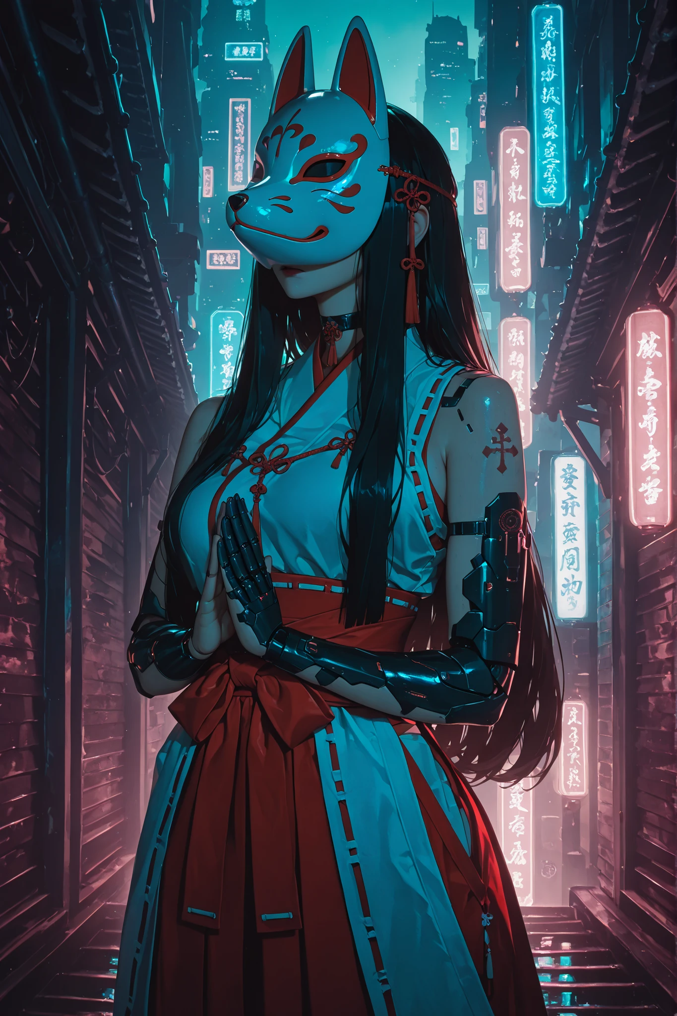 Cyberpunk background,A Cyber Japanese Miko,Miko dress(Sleeveless),Pray with hands together,Fox mask,black long hair,Taoist talismans in the air,Standing on the Roof,At midnight,SOLO,cowboy shot,UHD, masterpiece, anatomically correct, textured skin, super detail, best quality, highres, 16k, 1080P,