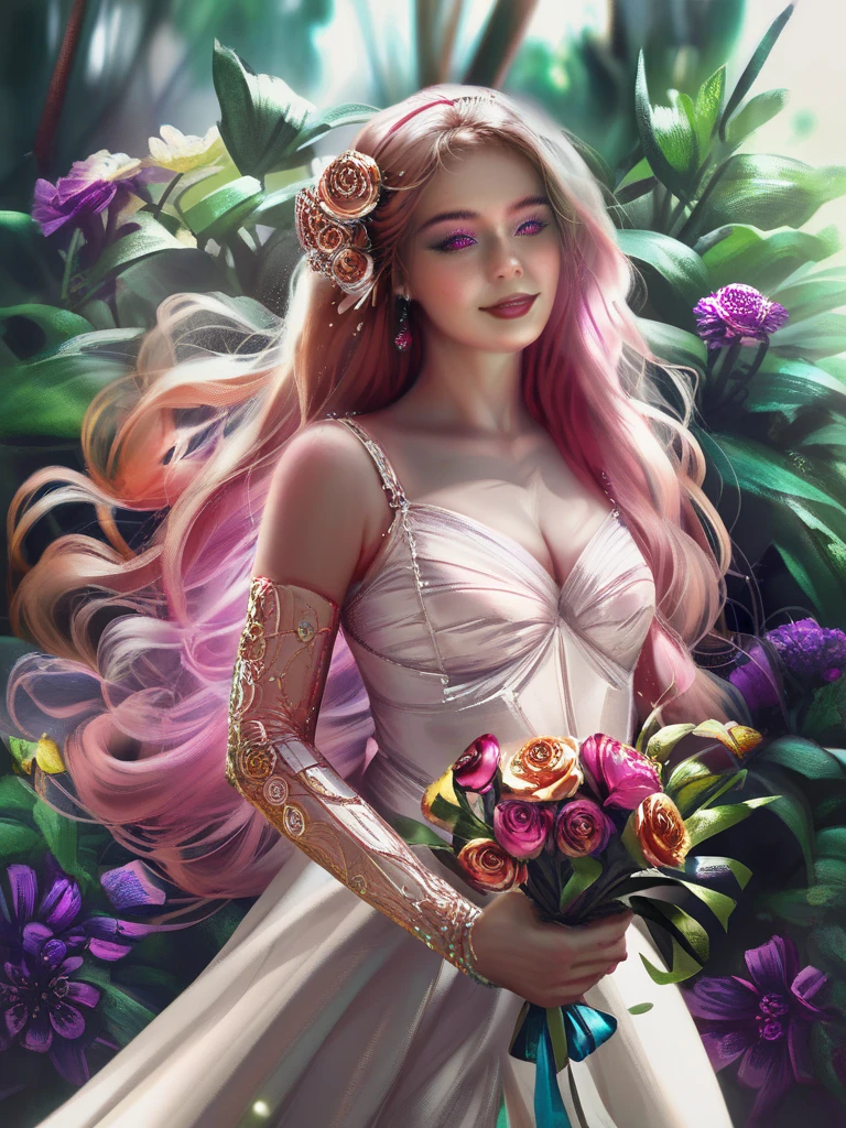 rofessional photo galactic character in the form of a warrior woman with a soul of 1000 flowers, beautiful woman, pink peonies, green leaves, inside the skeleton, Veins of peony flowers, clothing Bodysuit with a skirt with plant elements, five fingers on the hands, realistic, high quality image, 8k --auto --s2