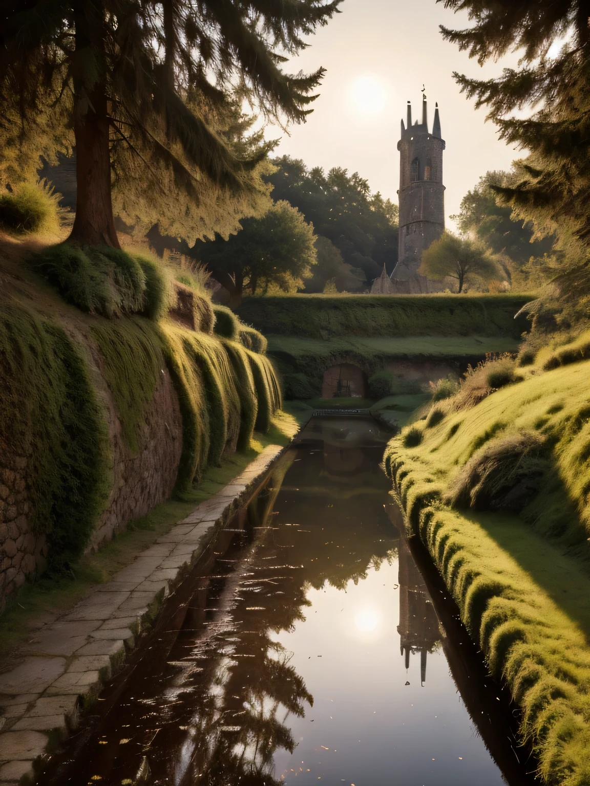 An enchanted landscape with a mysterious forest, illuminated by a magical light that filters through the trees. In the center, an ancient castle shrouded in a light mist, with intricate details such as towers, gothic windows and a drawbridge. Magical creatures such as unicorns and dragons can be glimpsed between the trees, while the sky is dotted with twinkling stars and a full moon that gives off a silvery glow.