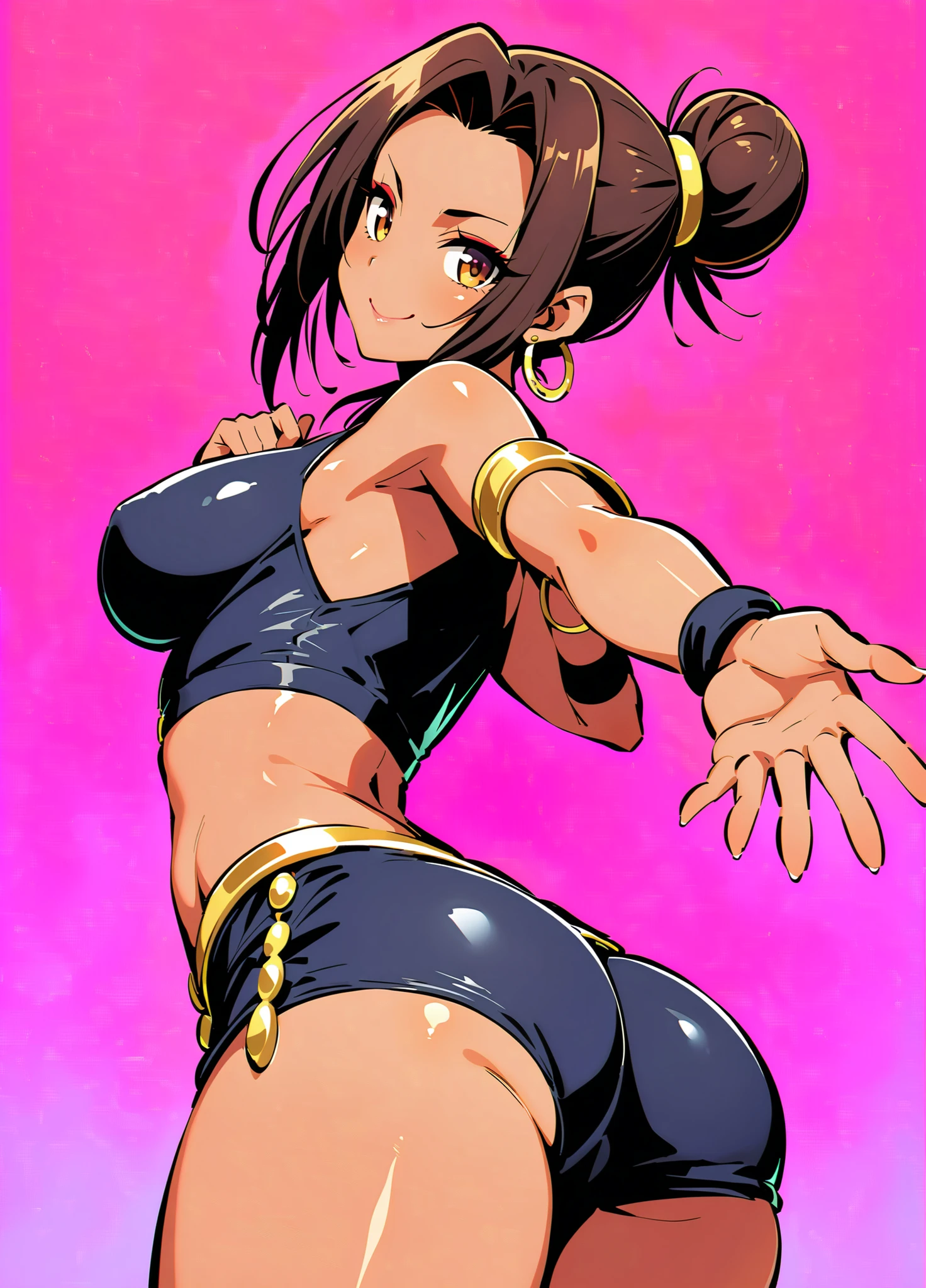 (anime style),masterpiece, best quality, extremely detailed,tanned skin,13yo gal,dark skin Beautiful body,flat breasts,BREAK,multicolored dark Purple hair,little side ponytail,short hair with long locks,BREAK,red eyes,naughty smile,shy,open mouth,eyes widen,smile face,detailed lips,False eyelashes,BREAK,cotton red big ribbon,BREAK, yellow leotard,bridal gown,leaning_forward,break,head tilt,looking back,back_Angle,hip on GLAS,
