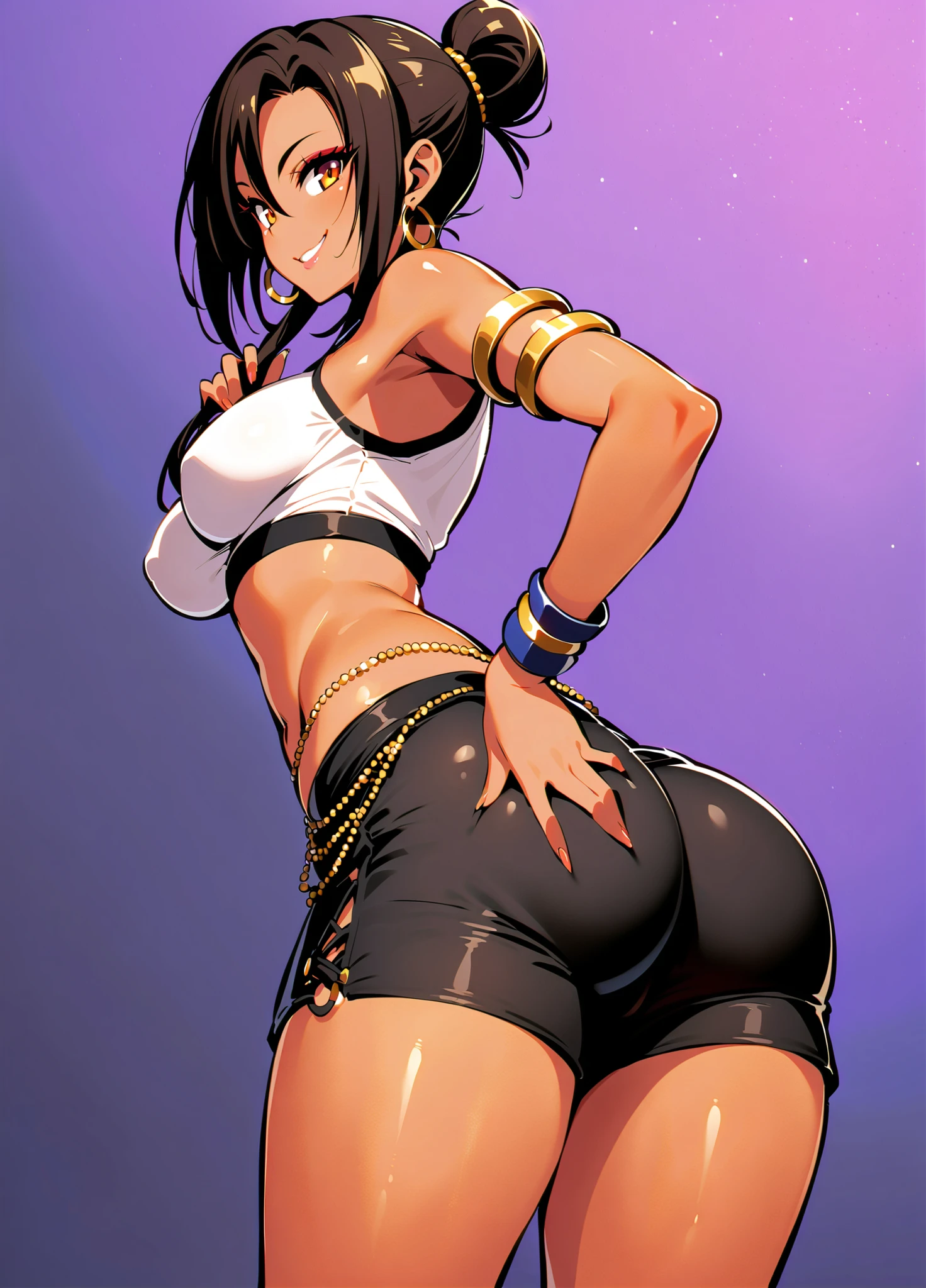 1 girl, htazazel, big breasts, top and booty shorts, halo