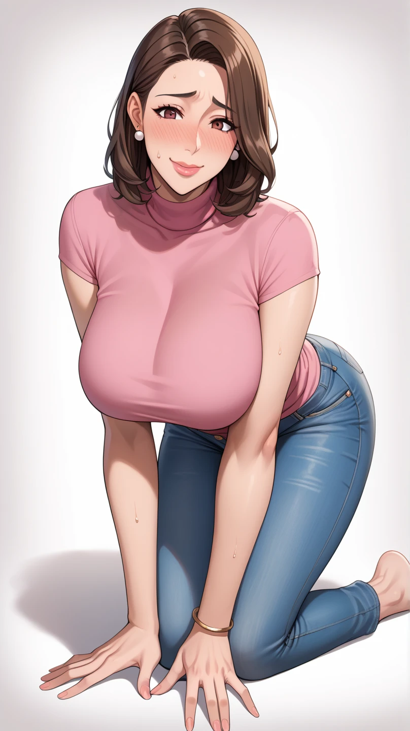 (best quality, ultra-detailed, photorealistic: 1.39), bright and vibrant colors, studio lighting, romantic expression, masterpiece, best quality1girl, solo, black hair, very long hair, blue eyes, hair scrunchie, looking at viewer, lips, shy smile, cowboy shot, pantyhose, jeans short, turtleneck, shirt, cleavage,  adult woman face, medium and round breasts, luxury resort, cute pose, walking at the resort