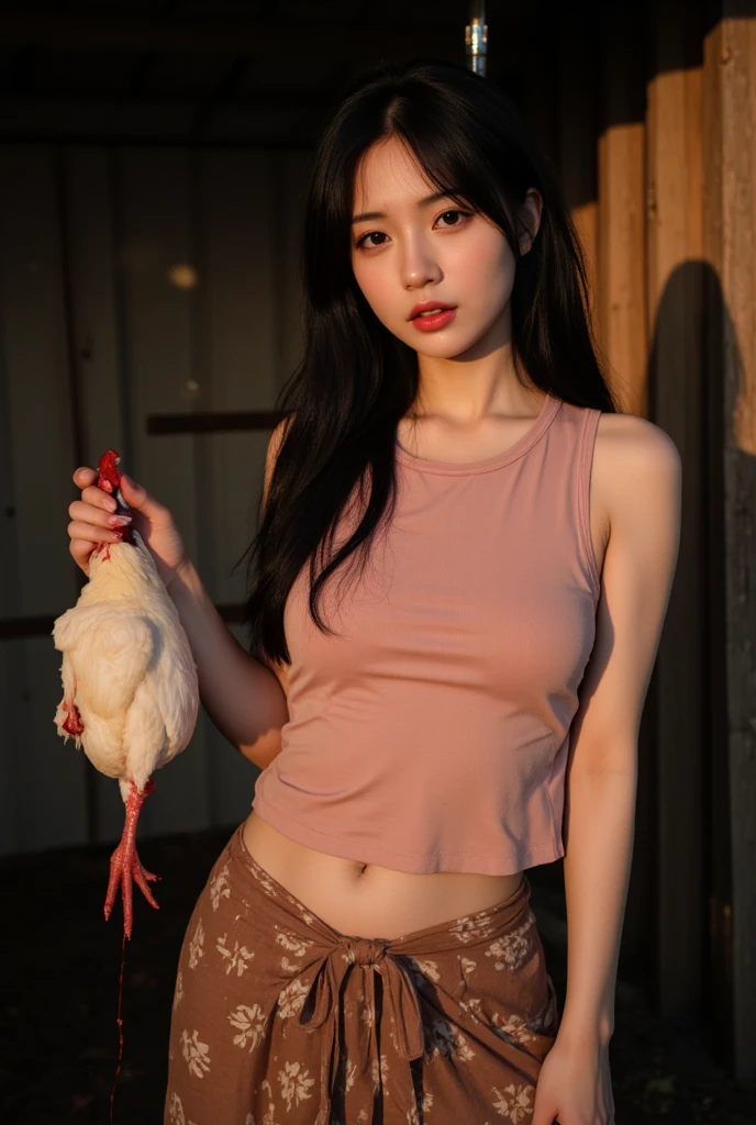 Cinematic Photo of a beautiful korean fashion model having sex with a pink pig in a pig farm