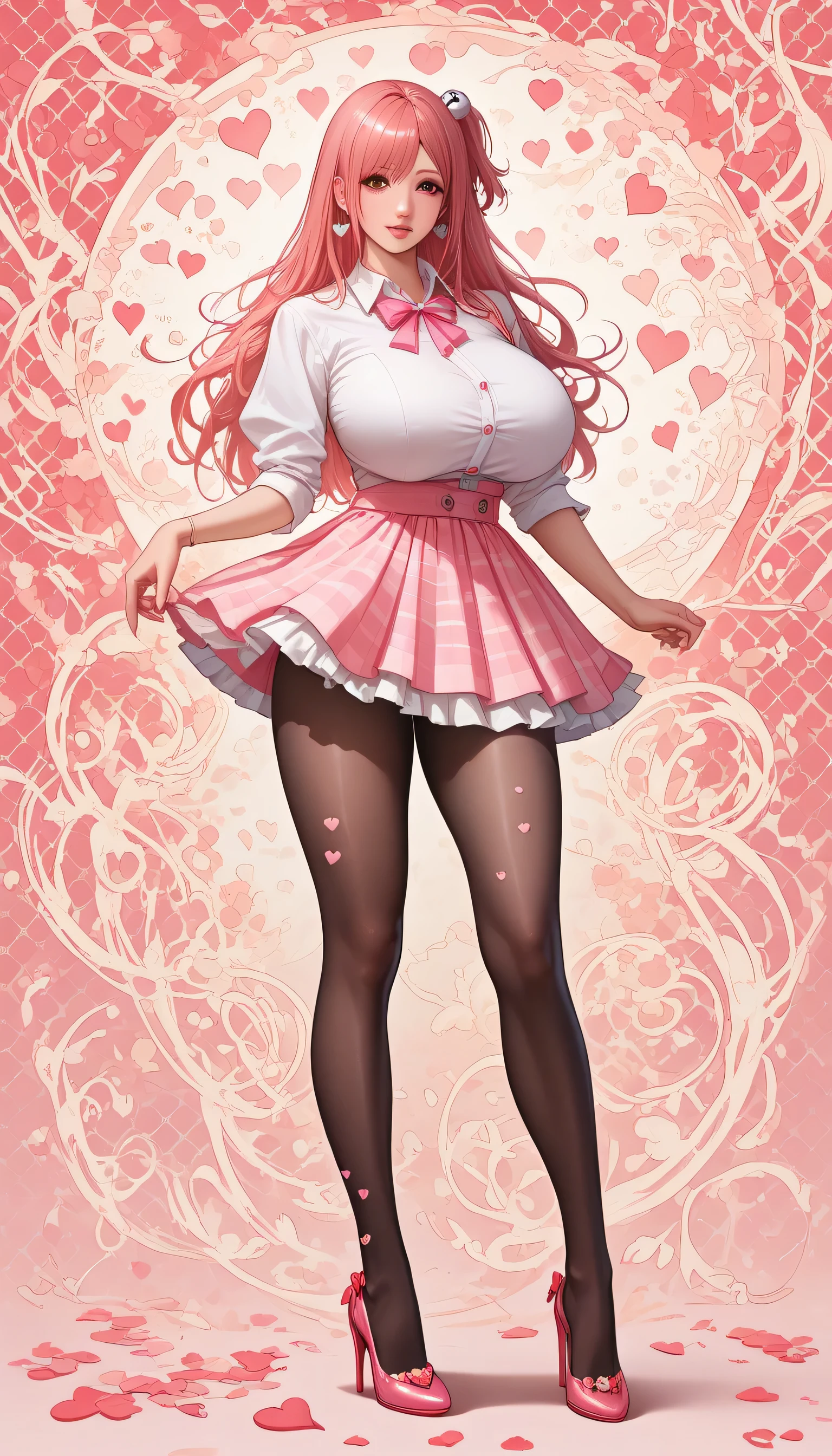 Japanese beautiful girl, huge breasts, ,乳沟,低胸, ,earrings,, abstract background, colorful background,long legs, pantyhose,
playfully, , many little hearts, honoka, pink hair, her massive breasts, mini skirt, standing, high heels