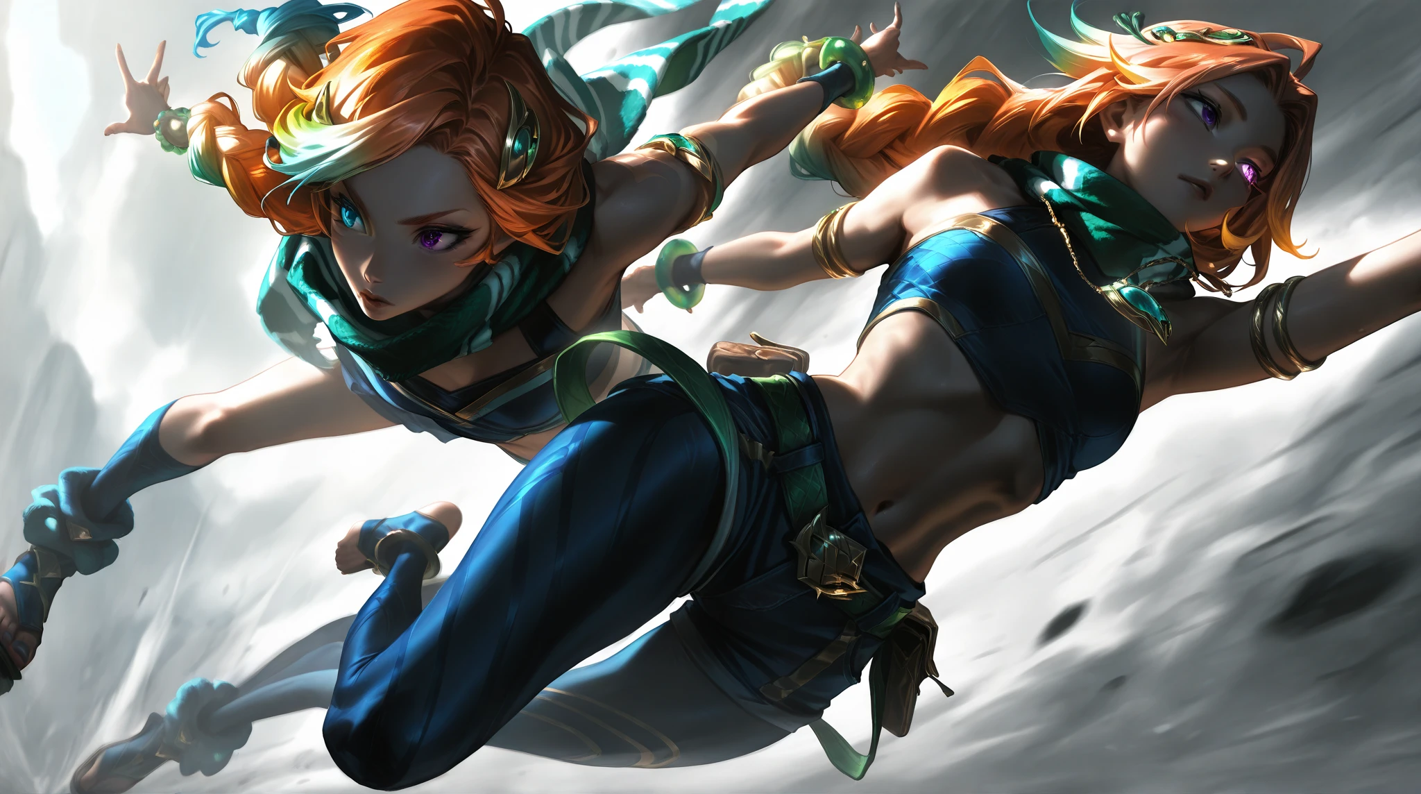 a 25yo woman、Hair color is a gradient color、eye color is brown、Semi-long、hair is wavy、wearing eye shadow and lipstick、I'm wearing a decorated headband、wears a chain necklace around his neck、accessories on wrist、Slender but well-proportioned muscular body、Wearing a jumper skirt、huge tit、I'm wearing lace-up sandals