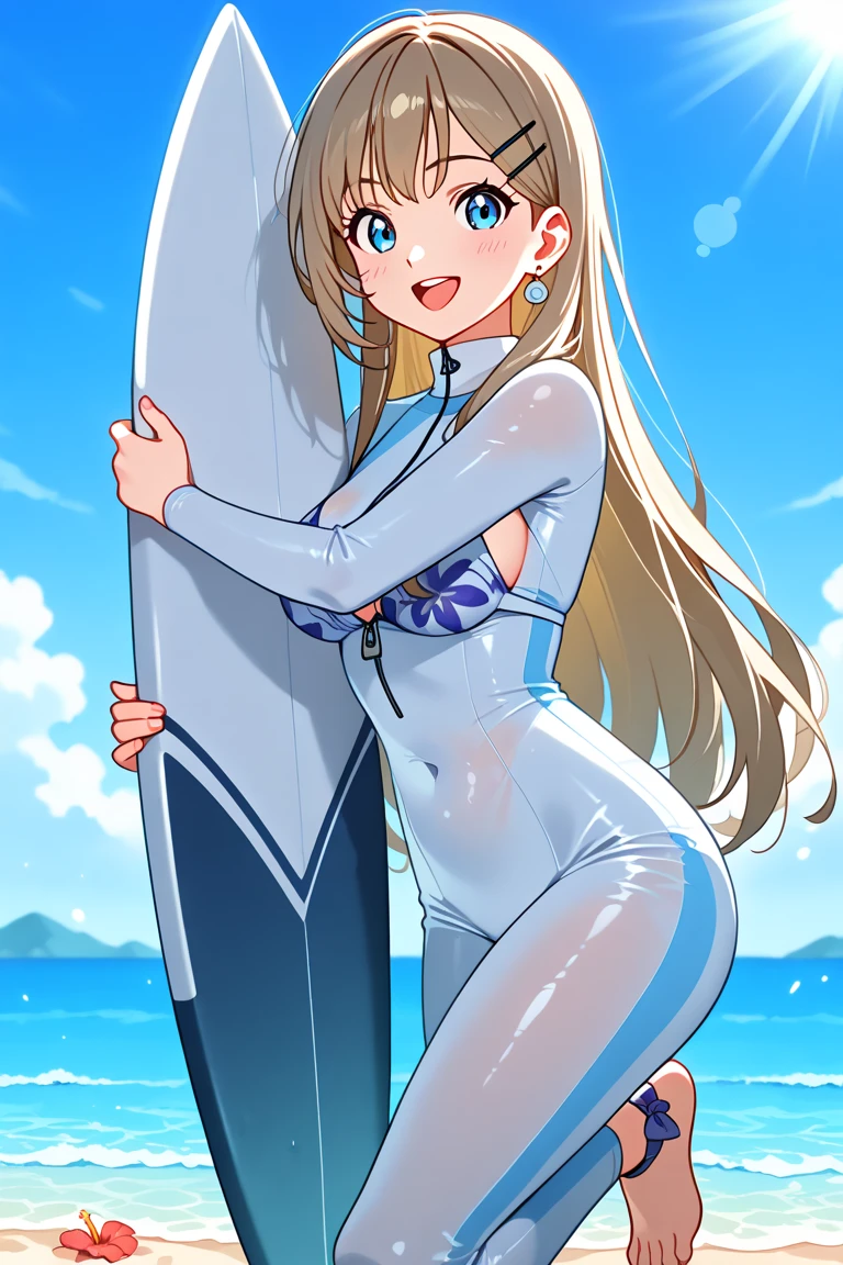 (cute woman, age 20, is an adorable sexy cat woman, big eyes, cute swimsuit, fluffy tail), she is surfing on small waves, super cute, so excited, show her from head to toe, hawaii