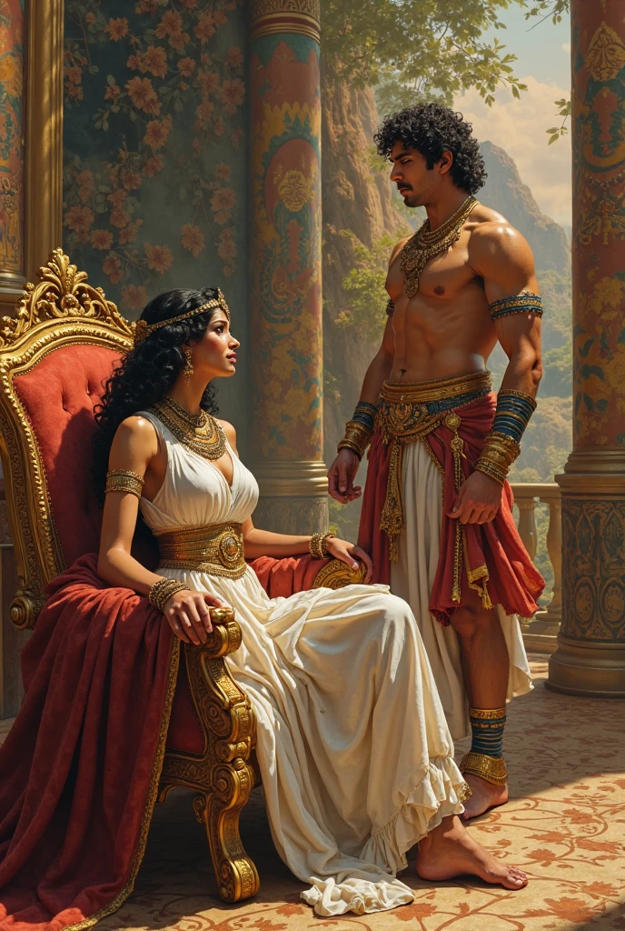 A young man sitting on the throne with crown while cleopatra is standing beside