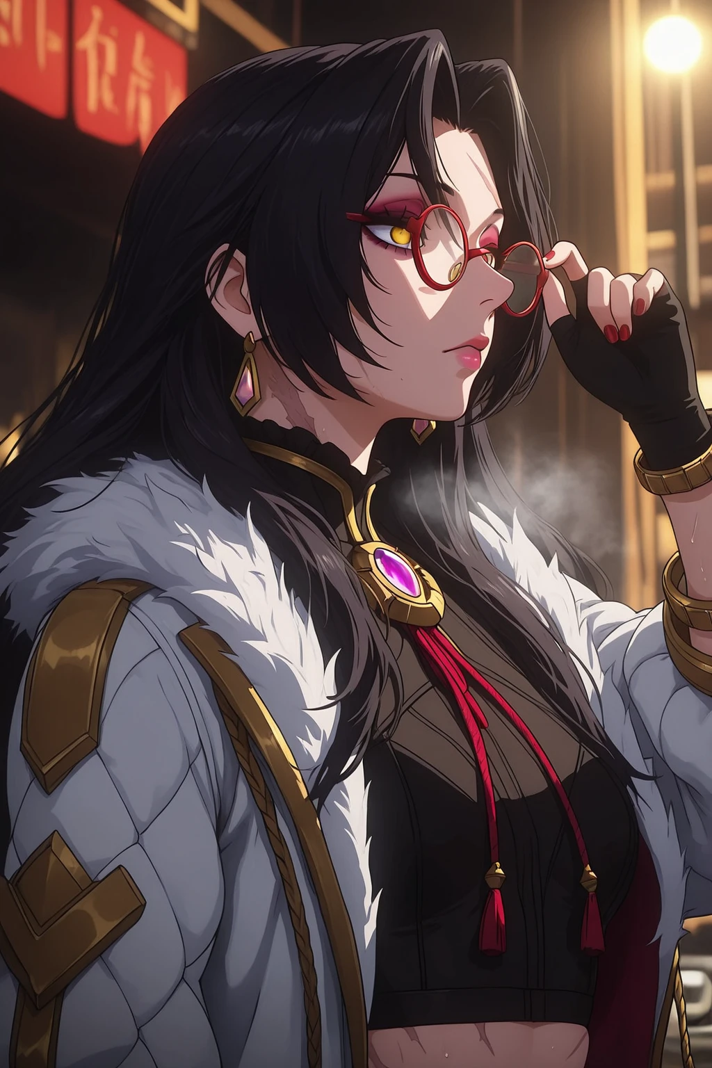 FairStyle, SmoothStyle, kdastyle
k/da \(league of legends\), 3d, rendering , blender, cgi, ((anatomical correct)), ((Cinematic, unreal engine, eye-catching, ambient occlusion, UHD, masterpiece)), ((perfect lighting, soft shadow)), perfect body, perfect eyes, perfect fingers, gasping, heavy breathing, gasping profusely, ((skindentation)), ((curvy)), dominique de sade, long hair, black hair, curtained hair, ((small breasts)), yellow eyes, ((black pupils)), plump, (steaming body:1.5), 1girl, solo, gloves, jewelry, scar, adjusting_eyewear, earrings, upper_body, black_gloves, fingerless_gloves, closed_mouth, blurry, fur_trim, breasts, eyeshadow, bracelet, makeup, red_nails, red-framed_eyewear, tassel, eyelashes, outdoors, blurry_background, nail_polish, coat, depth of field