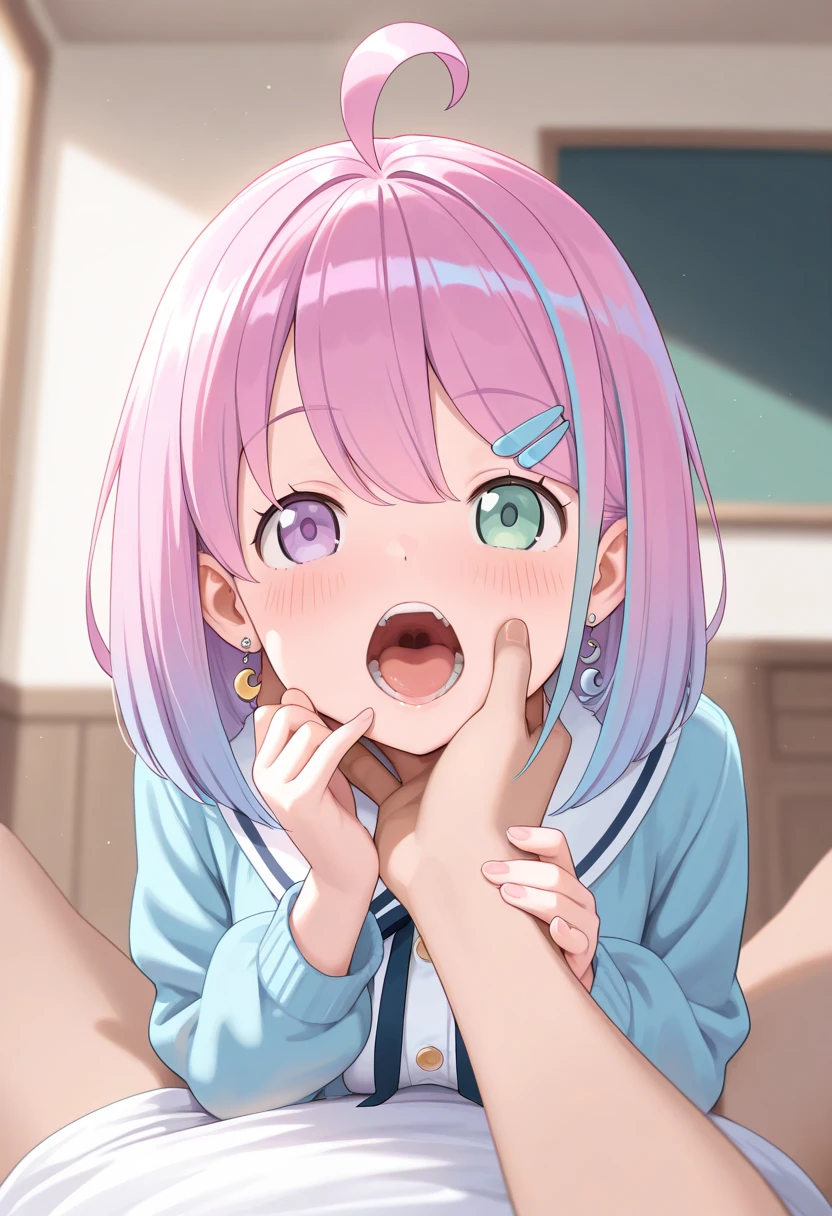 masterpiece, best quality, 1girl, 1man, hetero, vaginal sex, blow job, hand job, fellatio, suck penis, penis, pussy, close-up face, completely nude, 15 yo, (loli:1.2), room, blush, shy, (((embarassing))), Shyness, Embarrassed, Puzzled