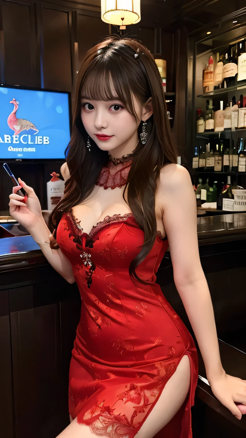 best quality, ultra-detailed, illustration,
cabaret, scenery, bar (place), indoors, chair, table, light,
(((Big Breasts))), (nightclub:1.5),
(((Golden lighting、Velvet dress、Red Velvet Long Sofa))), character:Tchibana kyoka,
1girl, solo, , jewelry, necklace, smile, black hair, looking at viewer, black dress, sleeveless dress, bracelet, sitting, drinking glass, alcohol,