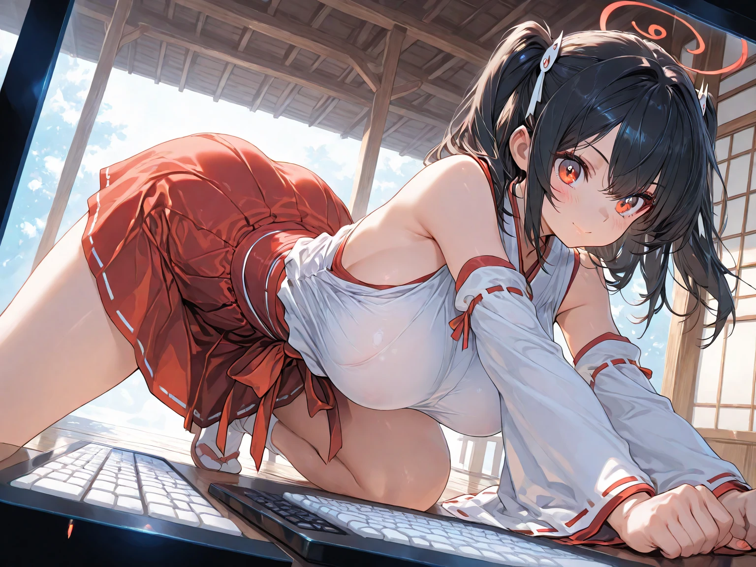 A Female robot is sleeping in bedroom, spread legs, nude, banzai pose. she wears no dress. She Brown short hair is tied with two big red clothespins, She lifts up the under hem of her white plain dress, leaning over, masterpiece, very short pigtails,brown hair, mature, android, blue eyes, full body figure, Height: 160cm, flushed cheeks, 2020s anime picture, A beautiful robot with short brown hair in two short pigtails held up by two very large huge red clothespins, Uplifting, No NSFW, whole body, barefoot, archaic smile, getting orgasm, 25 years old, sweat bucket.