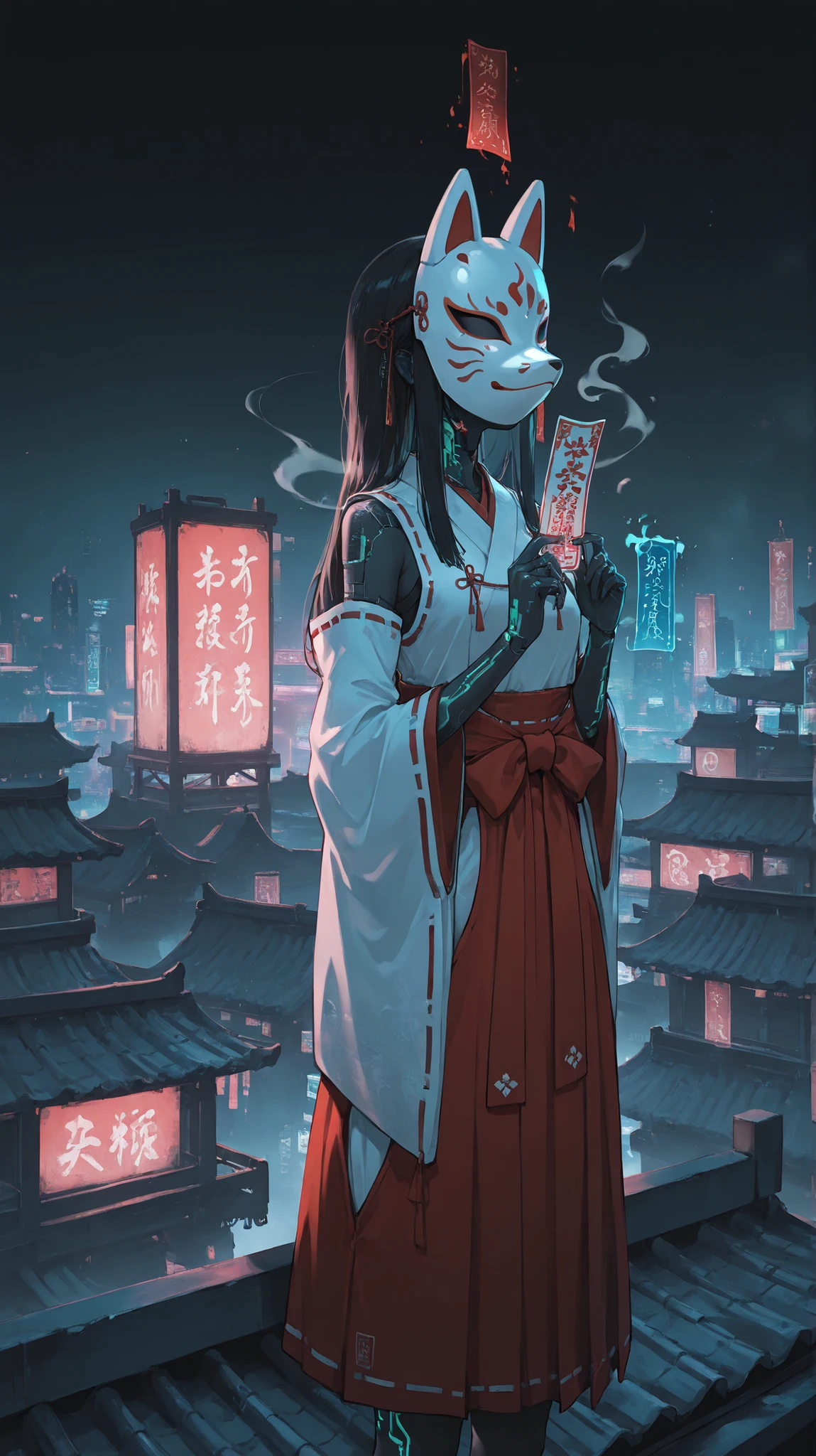 Cyberpunk background,A Cyber Japanese Miko,Miko dress(Sleeveless),Fox mask,black long hair,Taoist talismans in the air,Standing on the Roof,At midnight,SOLO,cowboy shot,UHD, masterpiece, anatomically correct, textured skin, super detail, best quality, highres, 16k, 1080P,