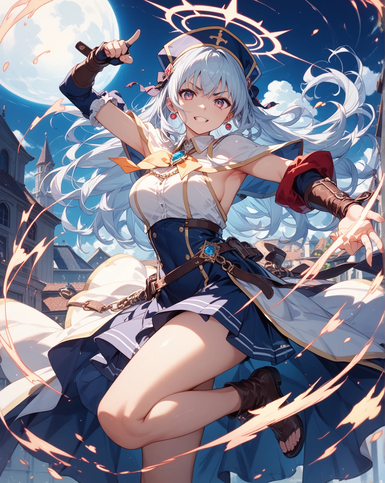 fantasy, 1devil_girl, low_teen, platina_blond_hair,long_bangs,, bare_shoulder, navel out, thighhighs,silver_armor, red_clothes,waist_armor, Glebe, hold_swords, large_breasts, dynamic_posing,(pelvic_curtain:1.3), silver_Headgear ,looking_down_at_sunrise_city_sky_background,,slightly_spread_legs, some_swords,some_swords_floating_around_the_girl,solo,horn ,smile,,open_legs,open_arms,rise_knee,rise_leg,rise_thigh,rise_leg,forward_leaning_posture,apart_legs,fang,Shiny_gold_eyes,crotch
