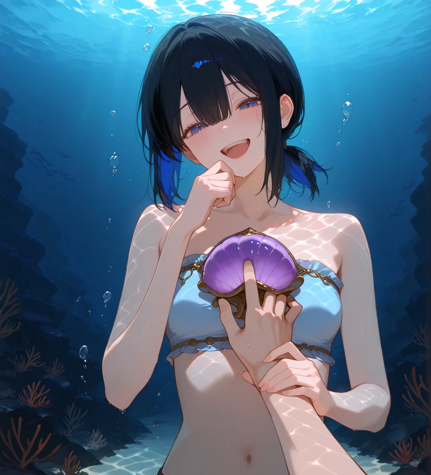 A shark themed mermaid (age 10, sea star bra, dark eyes, deep blue hair, shark fin on back, over sized mouth with razor teeth) seen from the side, she is disinterested in the viewer, she is hungrily eating a fish, colorful reef