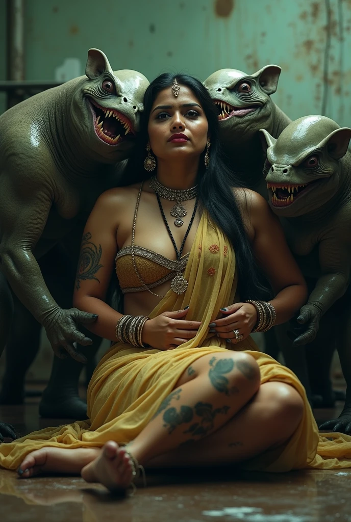 Aliens doing Gangbang to a girl, Brutal sex, one Indian girl (human girl), multiple aliens, wearing saree, tentacle in asshole, tentacle in pussy, rape, dark night, in ufo, cum everywhere, rape sex, crowd area, thick woman, beautiful woman, pretty face, close eyes, open mouth, brutal porn, horrifying tentacle, tentacle around her, cinematic light