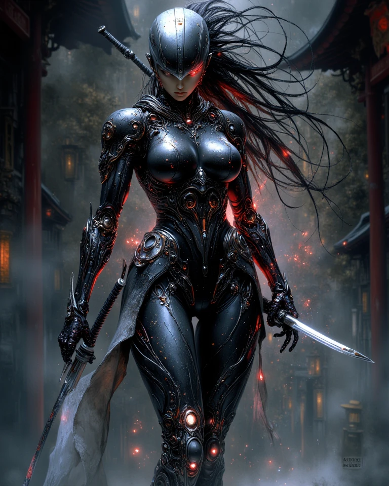 Super realistic, hyper realistic, super detailed, (cybersamurai, long hair, blue eyes, black hair, cleavage, upper body, horns, armor, blurry, clothing cutout, mask, blurry background, science fiction, mouth mask, cyborg, cyberpunk, katana on back, katana handle sticking out behind back:1.3) (glowing simple black background:1.25),  masterpiece, best quality, wide-angle Hyperdetailed, masterpiece, best quality, 8k, natural lighting, soft lighting, sunlight, HDR (High Dynamic Range), Maximum Clarity And Sharpness, Multi-Layered Textures
