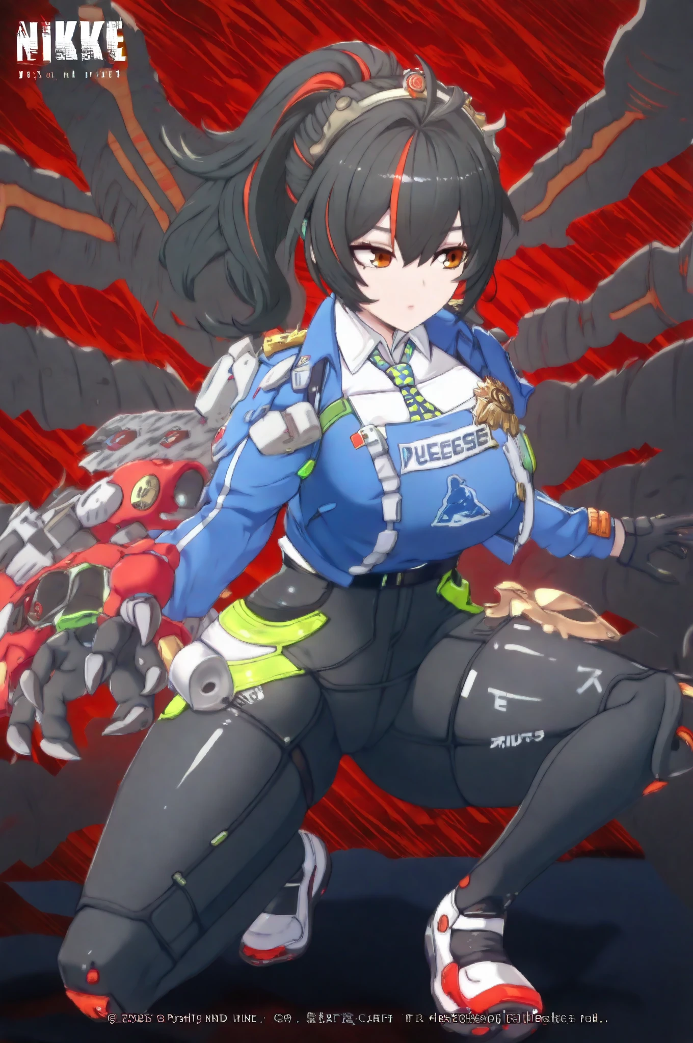 Kill La Kill_Character_Ryuuko, White and Dark Red Captain outfit with a wide and large cuirass, styled in heavy Gundam armor and Officer-style outfit (Extremely Bulky Armor), standing in large central room, city destroyed, sexy