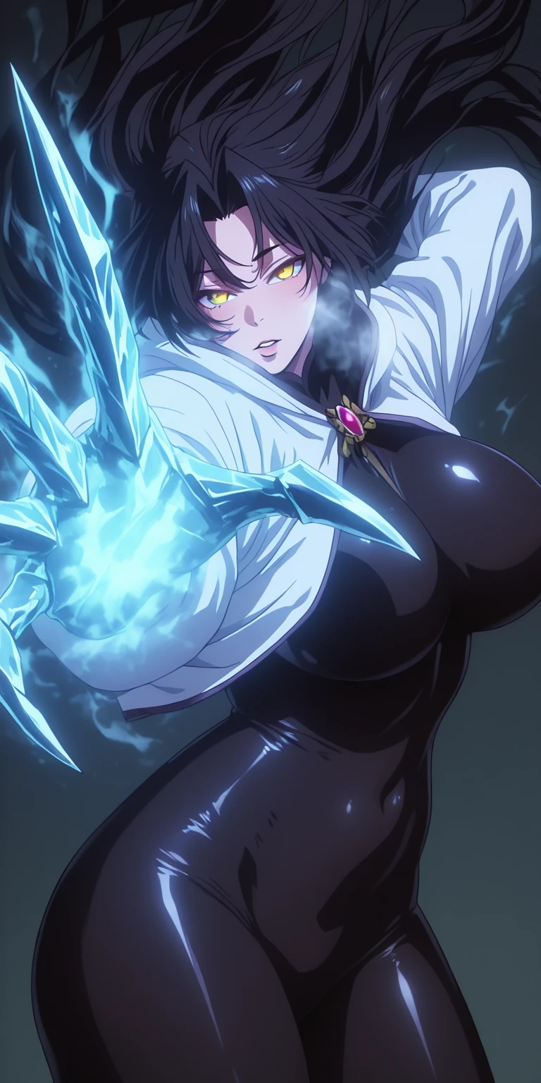 Manhwa, ssp, (zonda_(solid_air)-style:1.2), (muneshiro_(hitsuji_kikaku)-style:1.4), (anime coloring, anime screencap), shiny skin, ((anatomical correct)), ((Cinematic, unreal engine, eye-catching, ambient occlusion, UHD, masterpiece)), ((perfect lighting, soft shadow)), perfect body, perfect eyes, perfect fingers, gasping, heavy breathing, gasping profusely, ((skindentation)), ((curvy)), dominique de sade, long hair, black hair, curtained hair, yellow eyes, parted bangs, plump, hearts, pleasured, 1girl, solo, bodysuit, jacket, breasts, looking_at_viewer, covered_navel, black_bodysuit, parted_lips, white_jacket, open_clothes, open_jacket, skin_tight, claws, floating_hair, glowing, fire, Fiery, ice, (steaming body:1.5), ((aura))