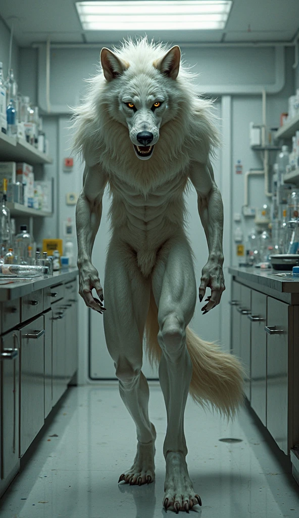 A male werewolf is placed in a incubation pod filled with a light green liquid and analyzed while unconscious.