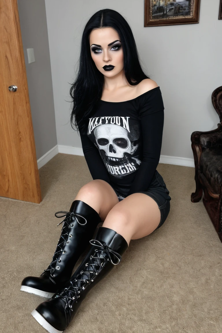 (best quality, masterpiece, ultra high resolution), (8k wallpaper, high-definition, HDR, RAW, Cinematic lighting), (hyperrealistic), (authenticity: 1.4), (full body shot), 1girl, ((18 year old girl)), ((Dark wavy hair)), ((Pretty British Girl)), ((Pretty face)), ((Tight clothes)), ((Grey Eyes)), ((Pale skin)), amazing slim body, thick legs, thick thighs, big ass, wide hips, flat tummy, navel, ((perfect hands)), ((Standing)), ((Crouching)), ((Tight black jersey)), ((Baggy trousers)), ((view at viewer)), ((Big smile)), (((On a dark catacomb with skulls))), candle illumination, divine illumination, contrast