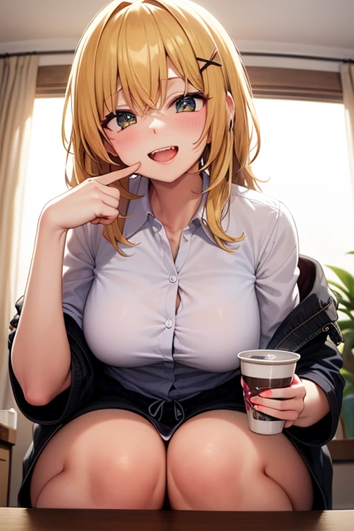 nobara kugisaki,teacher uniform,cafe, sitting on chair, glass table,drinking coffee,sexy, crossed legs,white heels, large breasts ,ftont look,red nails ,messy hair, detailed face, detailed eyes,coffee lying on floor,white shirt,black skirt, accidentally drop coffe on herself, coffe on her clothing,shocked,dirty clothing,drop coffe on floor ,looking at her body,dirty shirt,coffee on shirt,wet shirt, seeing nipples through shirt