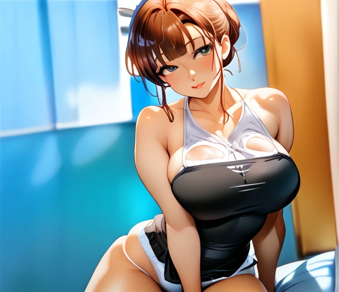 personaje animado, A confident, curvy woman with a captivating smile, mostrando su voluptuosa figura y una cintura bien definida, culata, vista trasera, en una encantadora escena de cocina, where she exudes the role of a skilled and stylish housewife, wearing a beautifully designed apron, Preparando perfectamente una deliciosa cena para impresionar a todos.