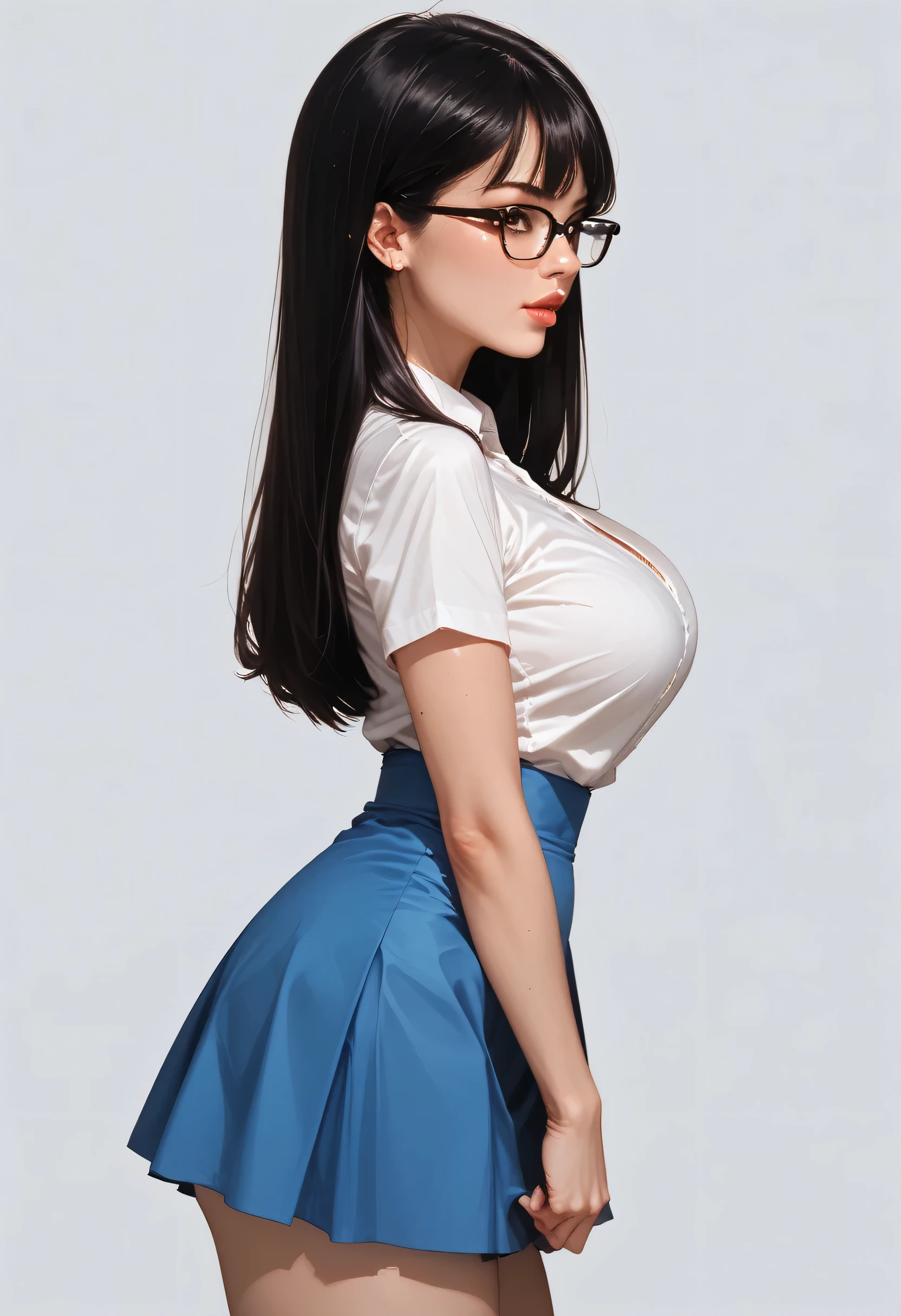 1girl, breasts, skirt, long hair, glasses, solo, black hair, high-waist skirt, shirt, blue skirt, white shirt, large breasts, tented shirt, short sleeves, lips, from side