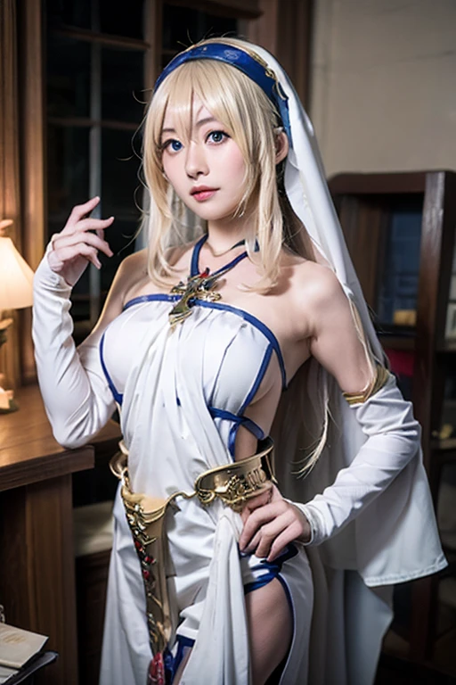 8k, high quality, perfect body, solo, maiden, blindfold, gigantic tits, maiden costum, original photo, masterpiece, see the viewers, detailed hand,detailed fingers, long arm, long legs, happy smile, darkness, supine, white skin:1.2, closeup cleavage, tight, full body, pefect anatomy, detailed eyes color.q