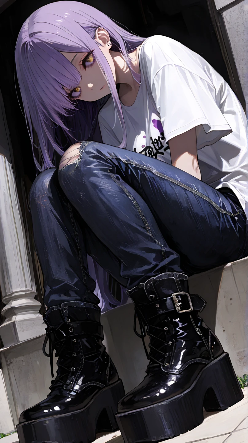 Beautiful anime art: cool sassy cute sporty girl with long pink-purple hair in a leather jacket, white top and ripped knee-length jeans sits on a brick wall cross-legged and looks at the river