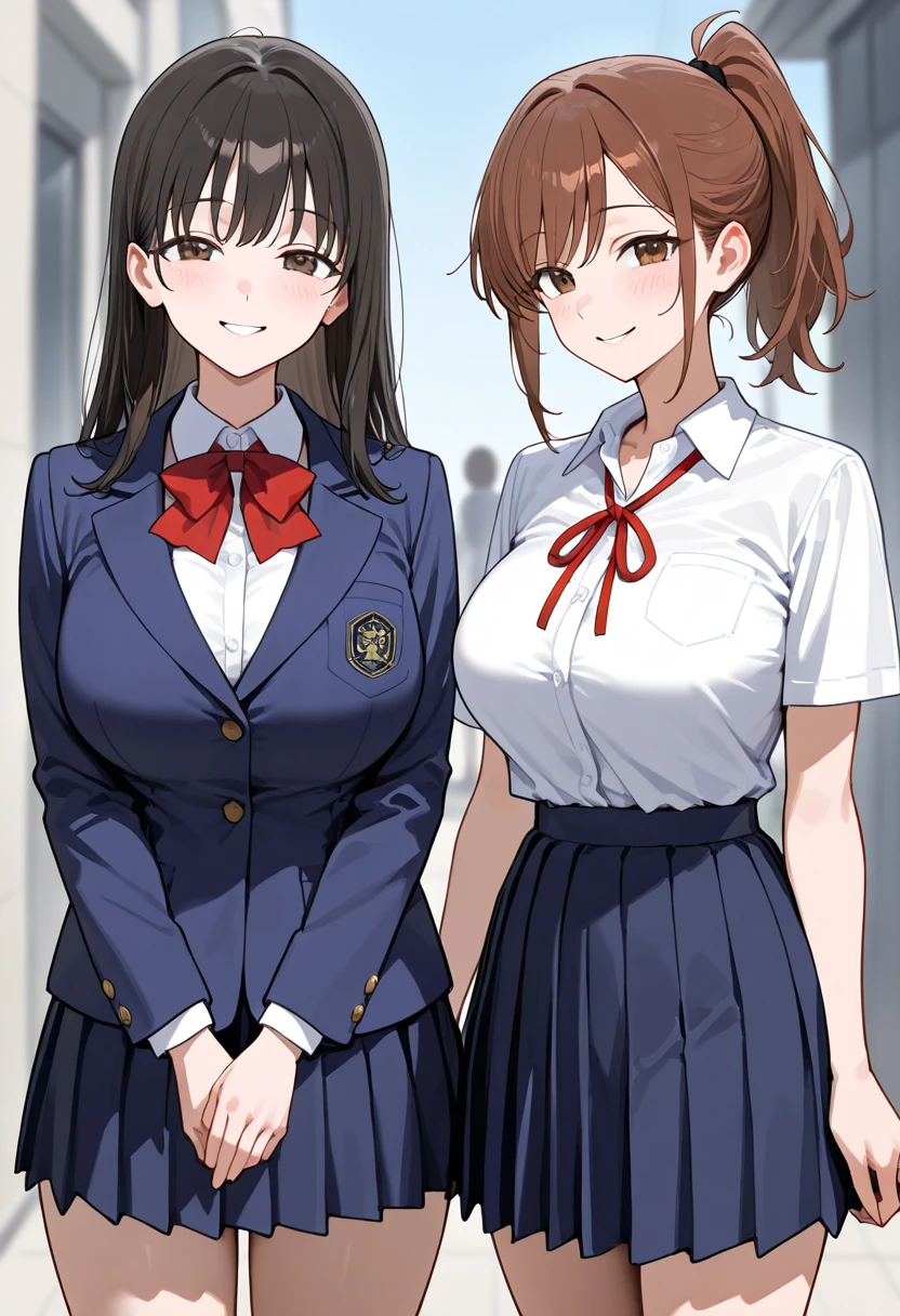 NSFW、Toned body、Big Breasts、Bare thighs、White panties、（uniform、Dark blue blazer、Light blue ribbon、White shirt、Collared shirt、Grey Micro Mini Skirt Grey、Grey Pleated Skirt Grey）、(short hair、Brown Hair、Barrette、hair ornaments)、(Brown eyes:1.5)、(yuihirasawa、yui hirasawa、Yui Hirasawa)、Big Breasts、Women&#39;s High、classroom、独奏