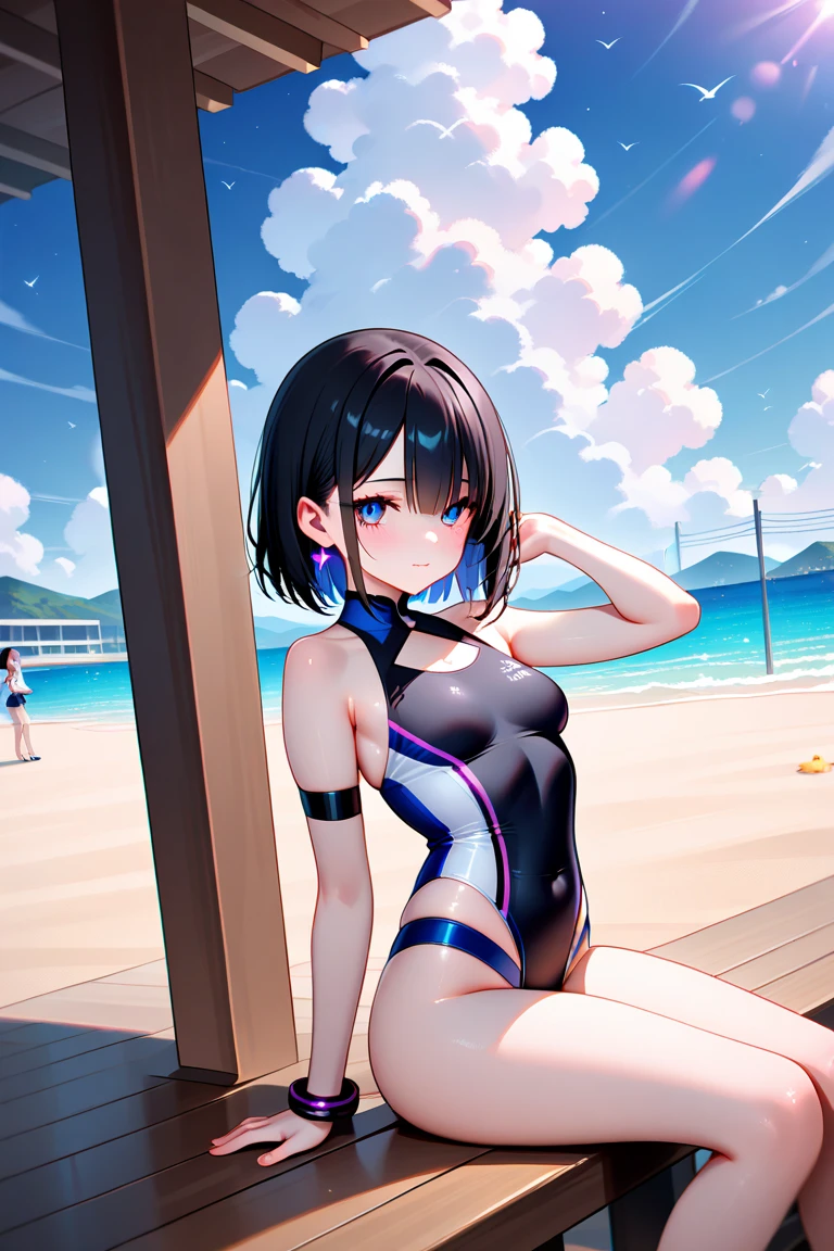 ランダムなポーズ、Random patterned swimsuit、Random patterned swimsuit,Swimsuit,Blushing、short hair、Black Hair、Pale purple eyes、Head to toe full body、Blushing、Embarrassed look、Composition from the front、A view from slightly below、school swimwear、Acme Face、Random pose、, 、nsfw、Highest quality、1 girl、solo、Ocean、Sandy Beach、Sexy pose、Random pose、Blushing、wet、Embarrassed、I can see half of my 、、One piece swimsuit、(Strap slip:1.3)、