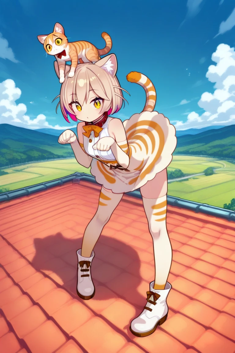 One, check_9,check_8_up,check_7_up, source_cartoon, Catboat, Anthro furry feline, Female, Short slender body, длинные светлые hair, Длинные грязные hair, hair, closing one eye, pink nose, Blue eyes, white sideburns, silver fur, gray stripes, furry body, Short, young, about 6 months years, in a blue blouse with ruffles, brown skirt, looking down, furrowed brow, Brown boots, night, to walk, hands tied together, руки связаны ropeми, Side view, rope, tied to her wrists, to walk down a nature path, on open air, Soldiers in the background, lesbians, excellent quality, high details, super detailed detail, Ultra Clarity, 4K, Bare ass