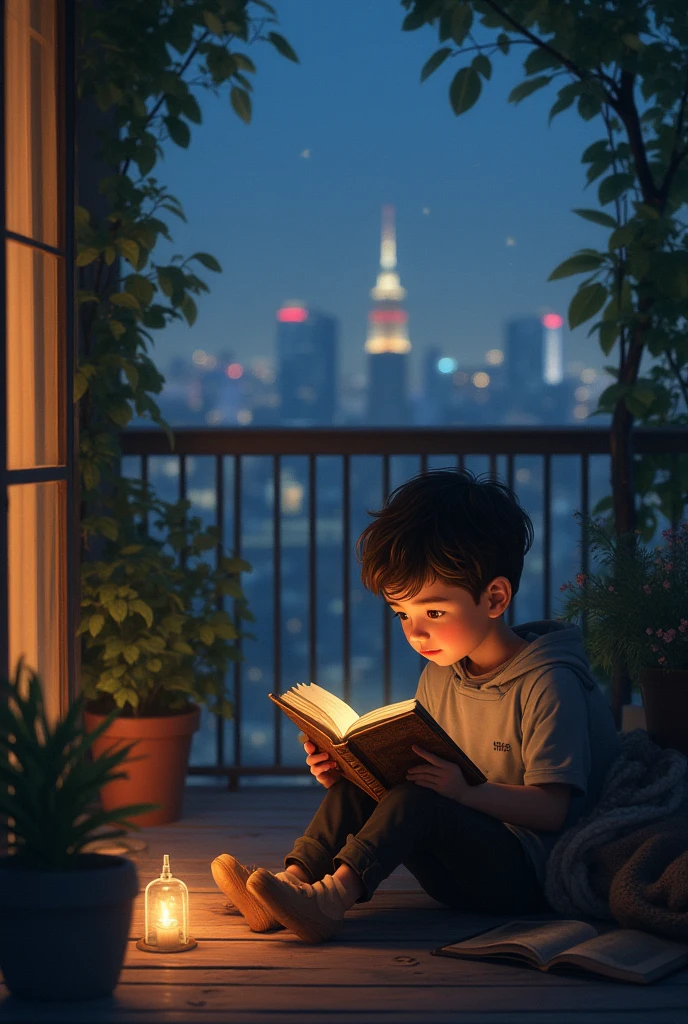 Amidst a spectrum of soft hues, a young boy sits by an open window, engrossed in a book, a vibrant cup of coffee resting on the sill beside him. The cityscape outside is alive with a gentle rain, casting a serene glow over the scene. Each droplet of color seems to harmonize with the pages he turns, creating an atmosphere of tranquil immersion.