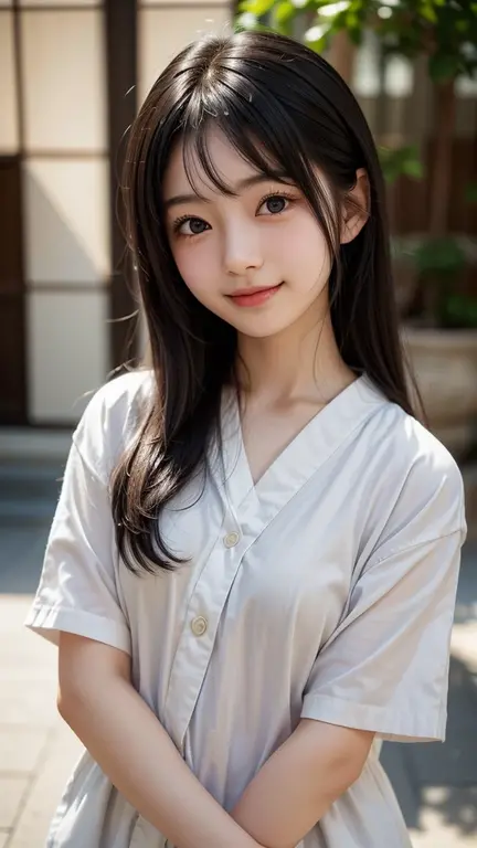 Best image quality, Focus, Soft light, Black hair, (Japanese)), (((Front, 15years old))), (Depth of field), Ultra high resolution, (Real: 1.4), RAW photo, ((( 裸エプロン))), smiling face