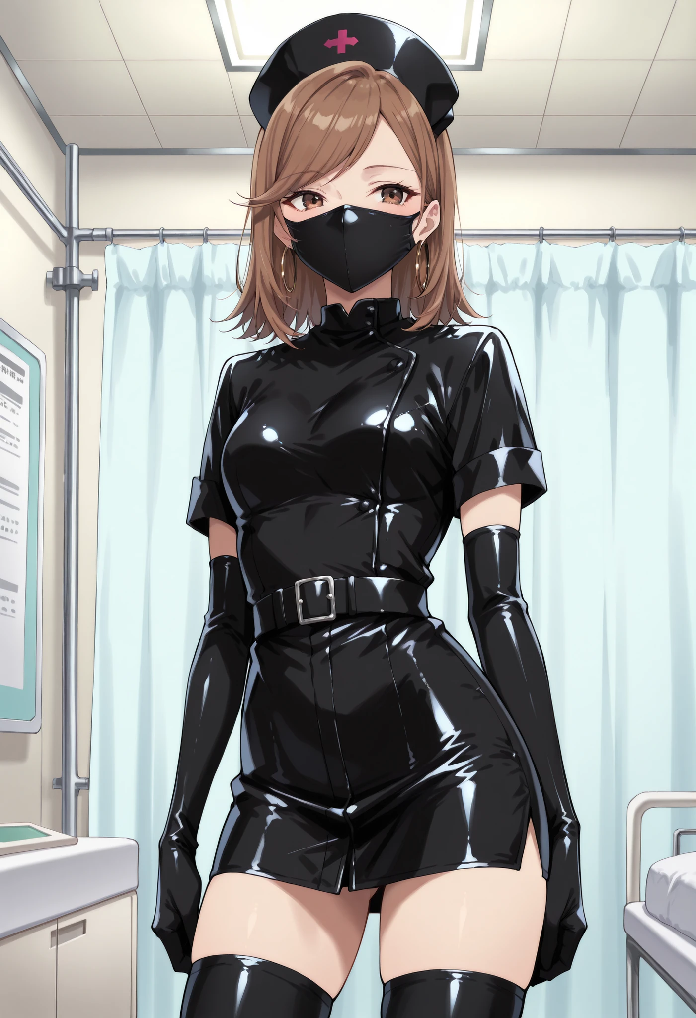 Score_9, score_8_up, score_7_up, source_anime, KJOdaia, solo, brown hair, brown eyes, medium hair, swept bangs, hoop earrings, enamel leather dark nurse, latex dress, black latex elbow gloves, black latex legwear, latex, latex skirt, (best quality), (high quality), {masterpiece}, extremely delicate and beautiful, ultra-detailed, beautiful detailed eyes, nurse, nurse hat, ((black nurse's outfit)), surgery room, black rubbermask, mask, mouth mask, standing