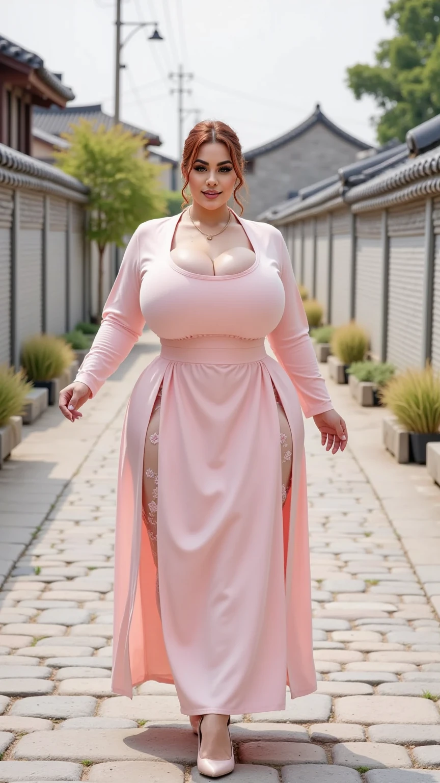 A woman muslimah indonesian-chinese 25 years old, wearing hijab, beautiful hijab, sensual poses, wearing long tight dress, clothes covering the body, curvy body, bbw, big tight breast, the day, 4k resolution, no nude, close breast