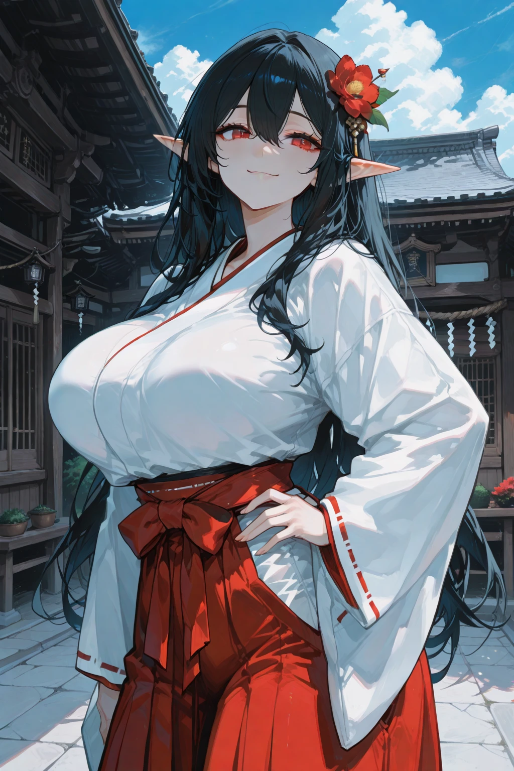 girl solo、(demon horn)、(((demon girl)))、Navy blue long hair、center division、big breasts、Very big、(((kimono、Breasts visible through the gap))、(((kimono)))、((((The background is cherry blossoms at night))