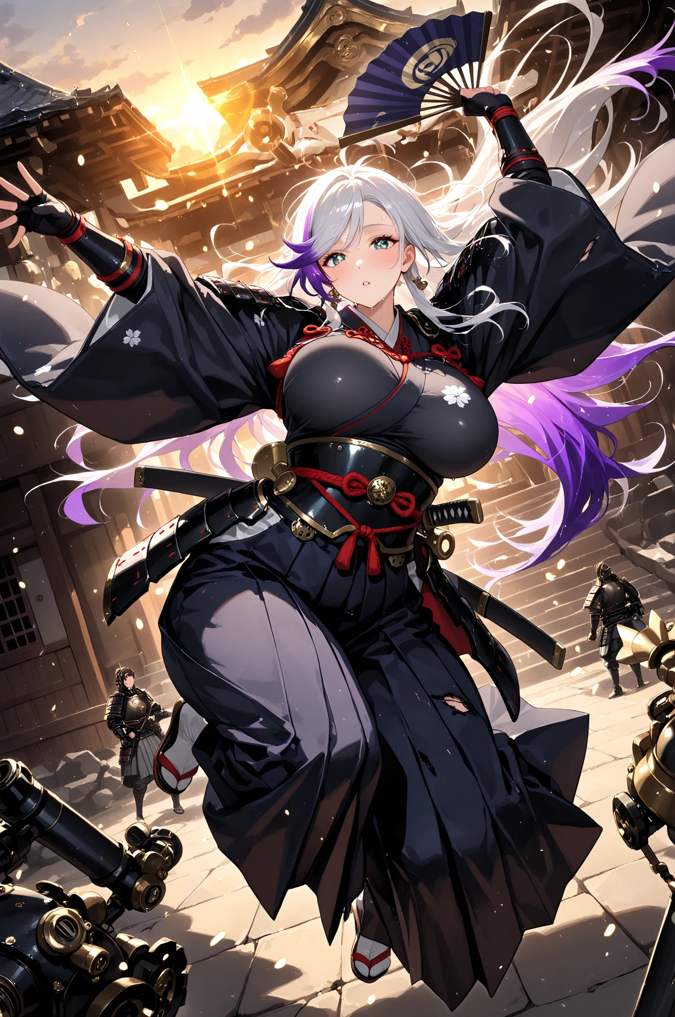 1girl, masterpiece, best quality, highly detailed, illustration, senhime, outdoors, battlefield, fire, standing, fighting stance, blood, polearm, japanese clothes, armor, angry, <lora:SenhimeRance:0.6>