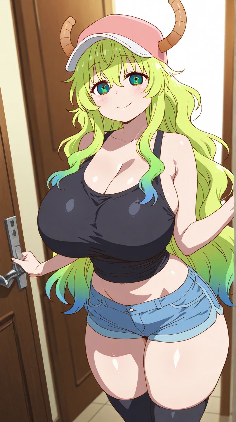masterpiece, perfect lighting, (beautiful, best quality:1.3), perfect eyes, absurdres, 8k, 1girl, solo, (absurdres), finely detail, smile, lucoa_quetzalcoatl, multicolored hair, closed eyes, dragon horns, dragon girl, ((((large breasts 1.9)))), multicolored hair, blonde hair, hat, cleavage, cowboy shot, short shorts, tank top, denim, baseball cap, from below, white panties,