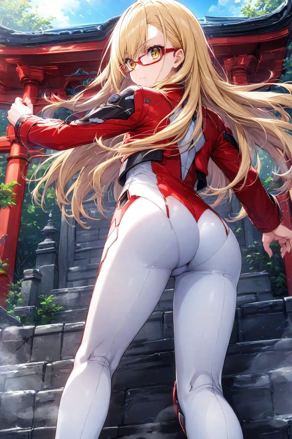 Dark color depiction、(masterpiece, highest quality:1.2), alone, One girl, umpd gold ship, pillbox hat, Red dress,No sleeve, White Pantyhose, boots, Horse tail, blush、in the forest、Back view、Low - Angle、Photographing a subject from below、Butt crack、Photograph your buttocks from directly below