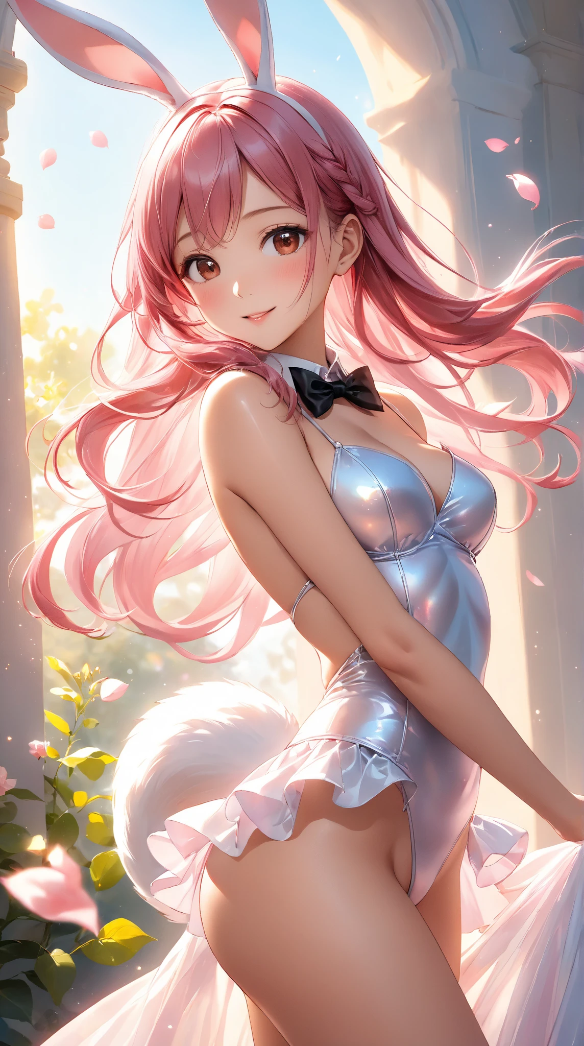 A has a pink head, blue eyes, wolf ears, hair underwear. tight thigh socks